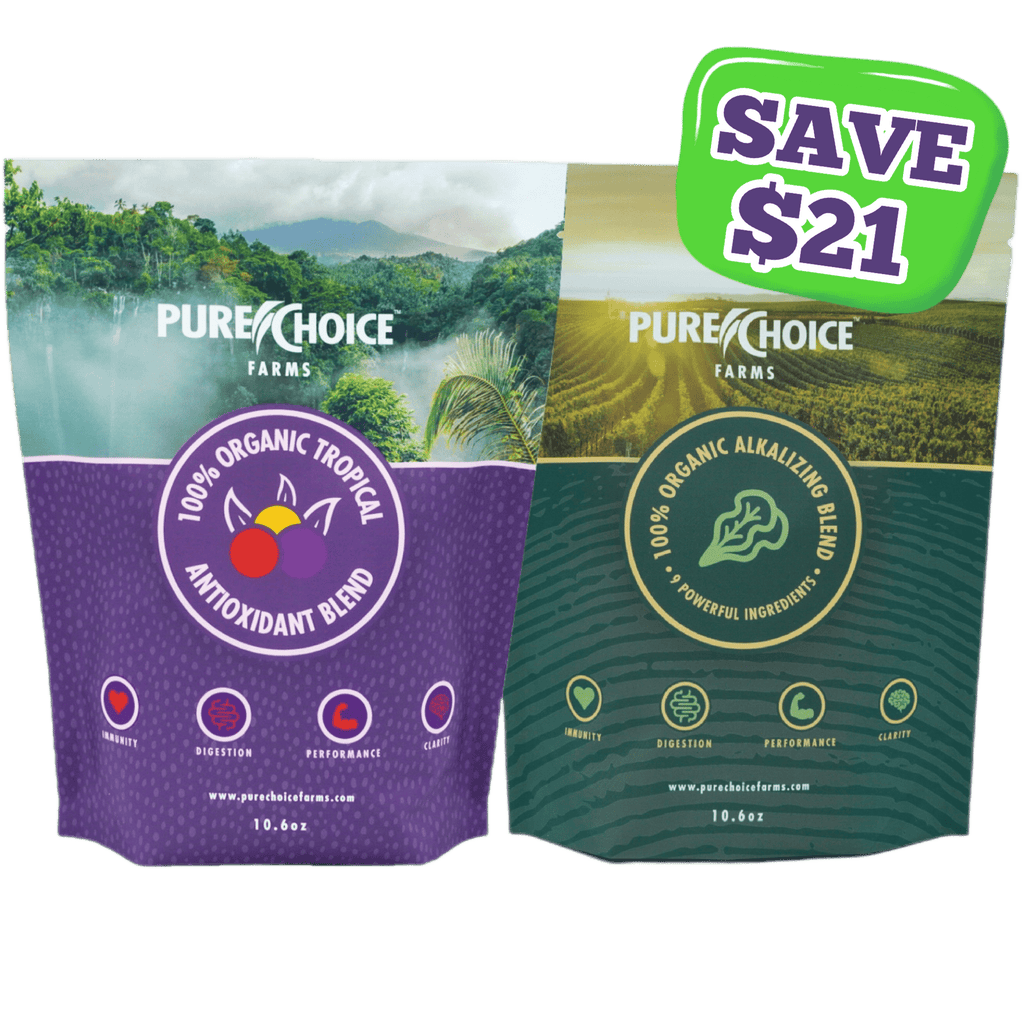Purple and green Pure Choice pouches beside a Save $21 promotional badge.