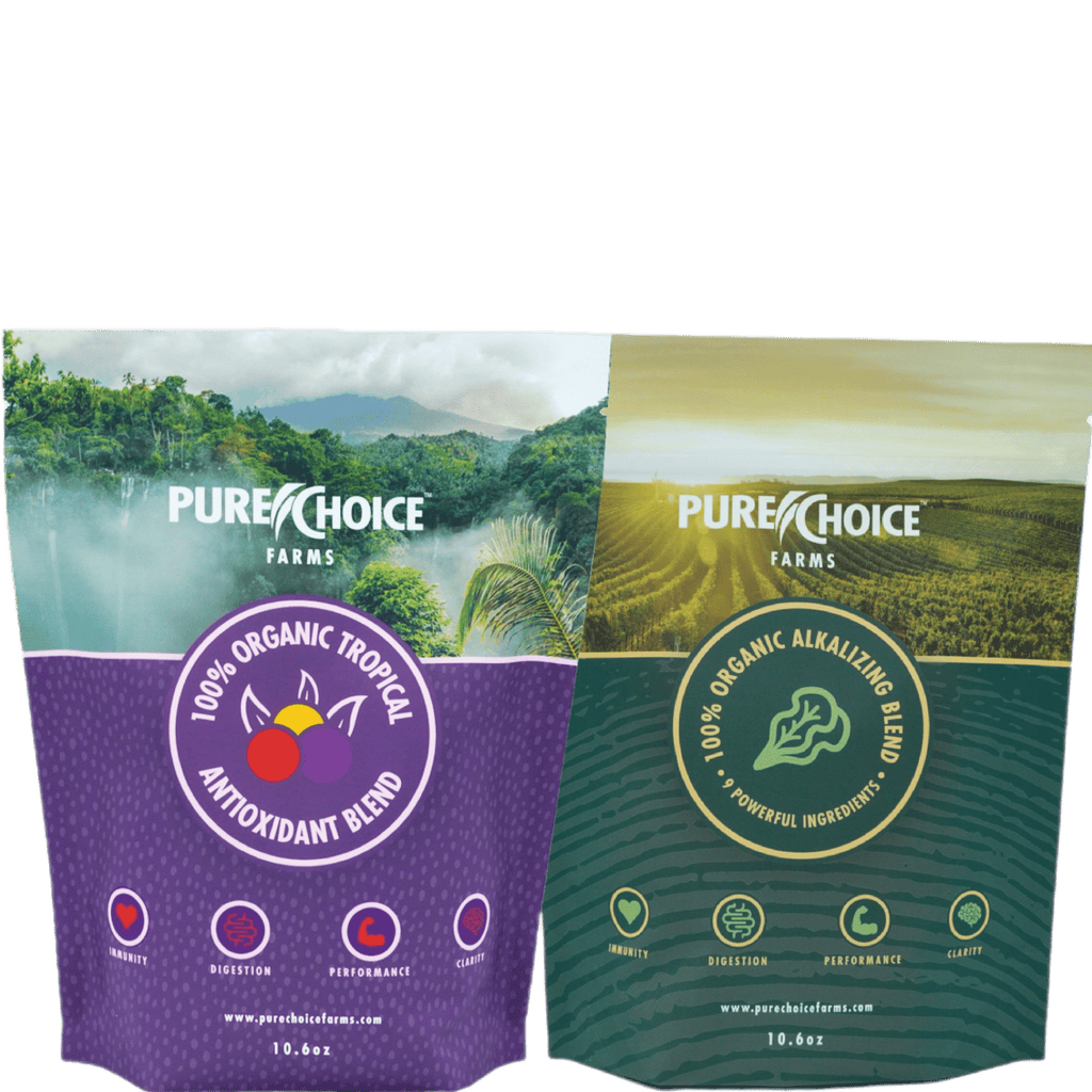 Purple tropical antioxidant and green greens-blend Pure Choice pouches side by side.