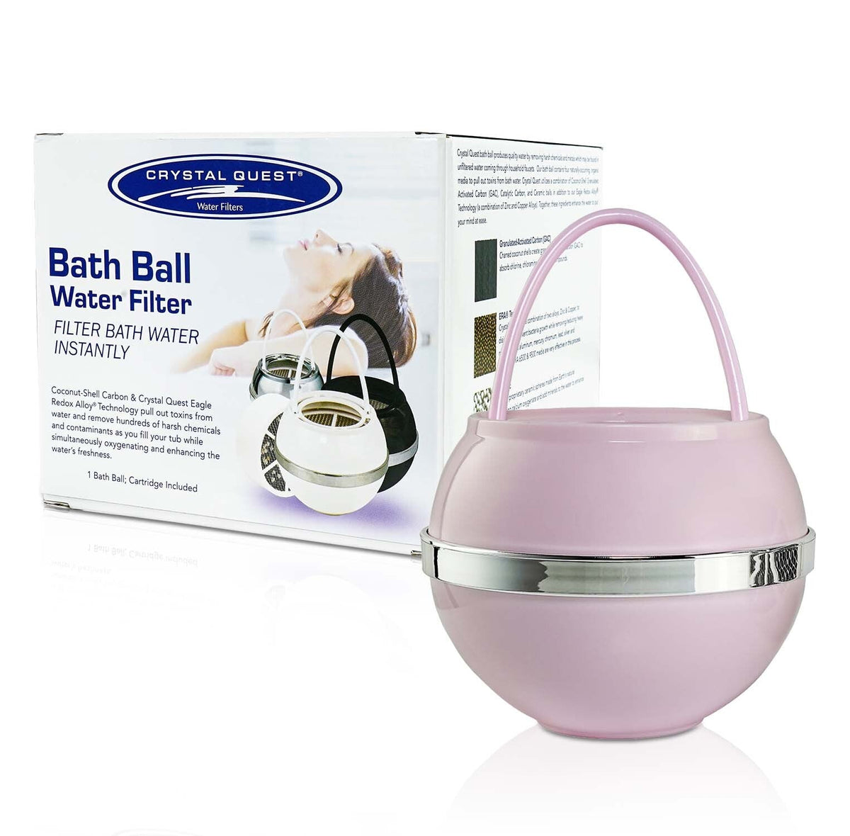 Pink bath ball filter beside its retail box.