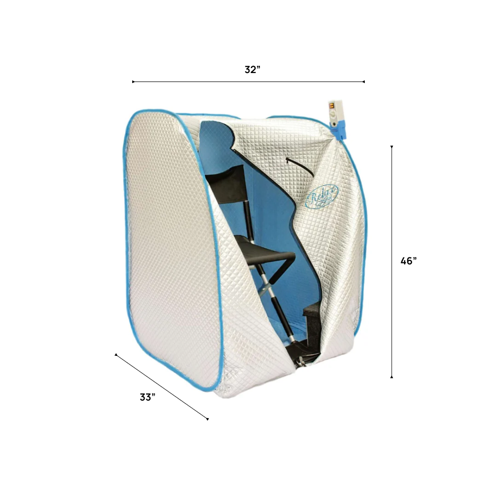 Open portable sauna enclosure with chair.