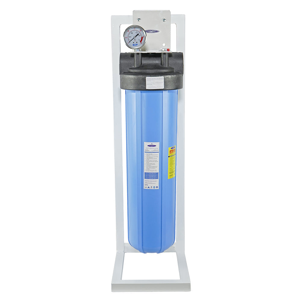 Single blue filter housing with a pressure gauge on a white stand.