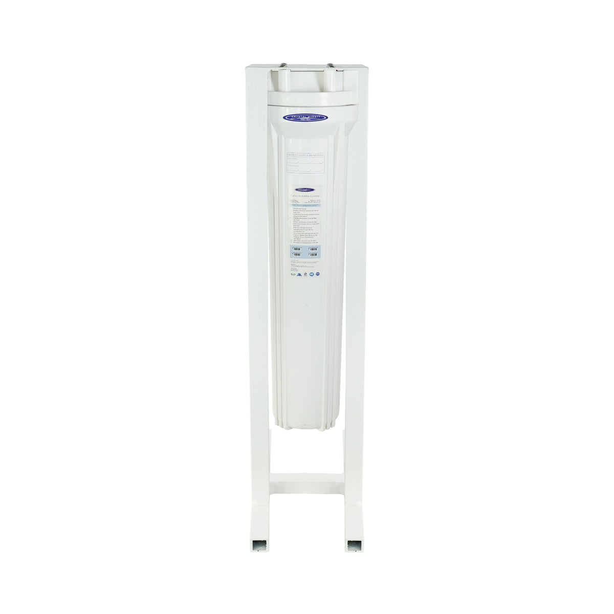 Single white filter housing on a white stand.