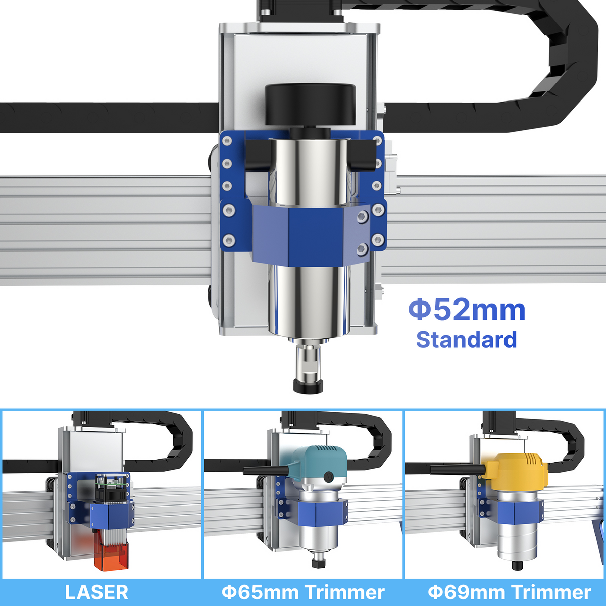 CNC spindle and close-up grid of frame components.