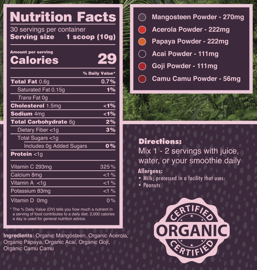 Pure Choice tropical antioxidant nutrition facts, ingredient amounts, and mixing directions.