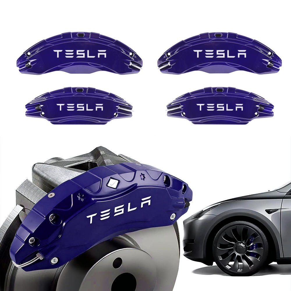 Dark purple Tesla caliper covers with wheel illustrations.