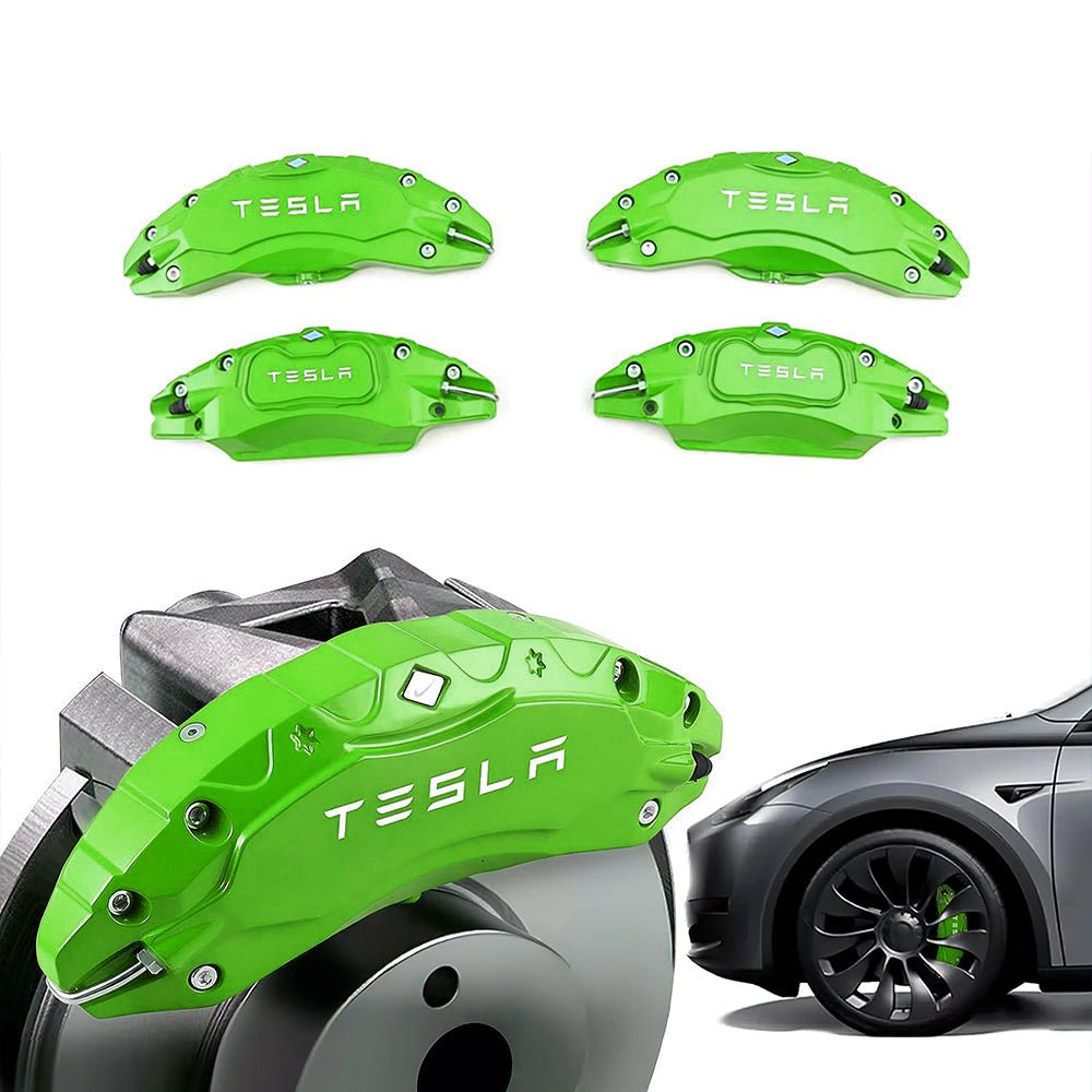 Green Tesla caliper covers with wheel illustrations.