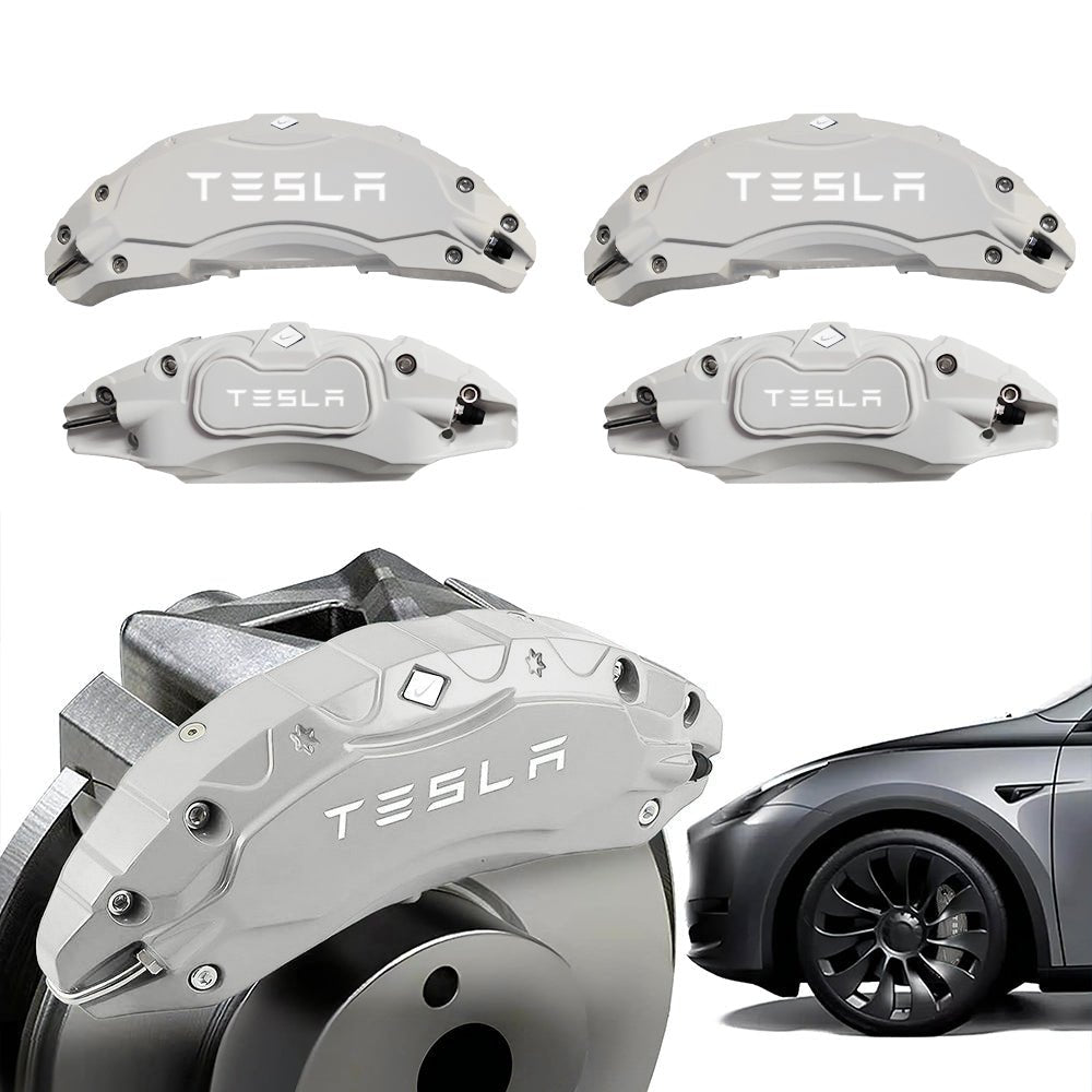 Silver-tone Tesla caliper covers with wheel illustrations.