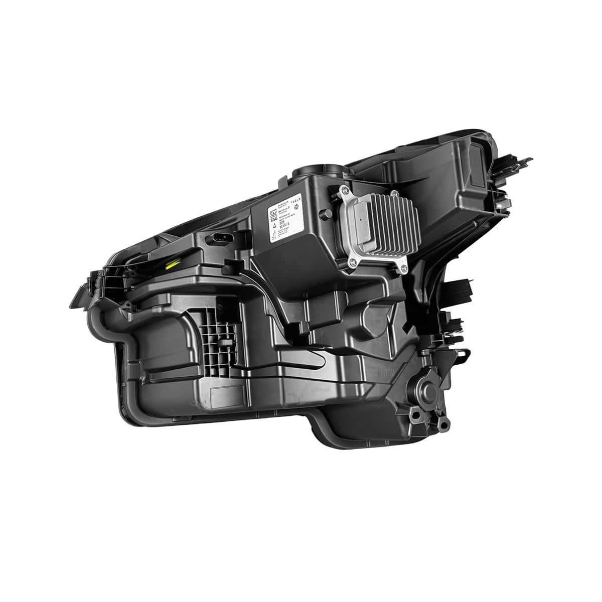 Rear view of black headlight assembly.