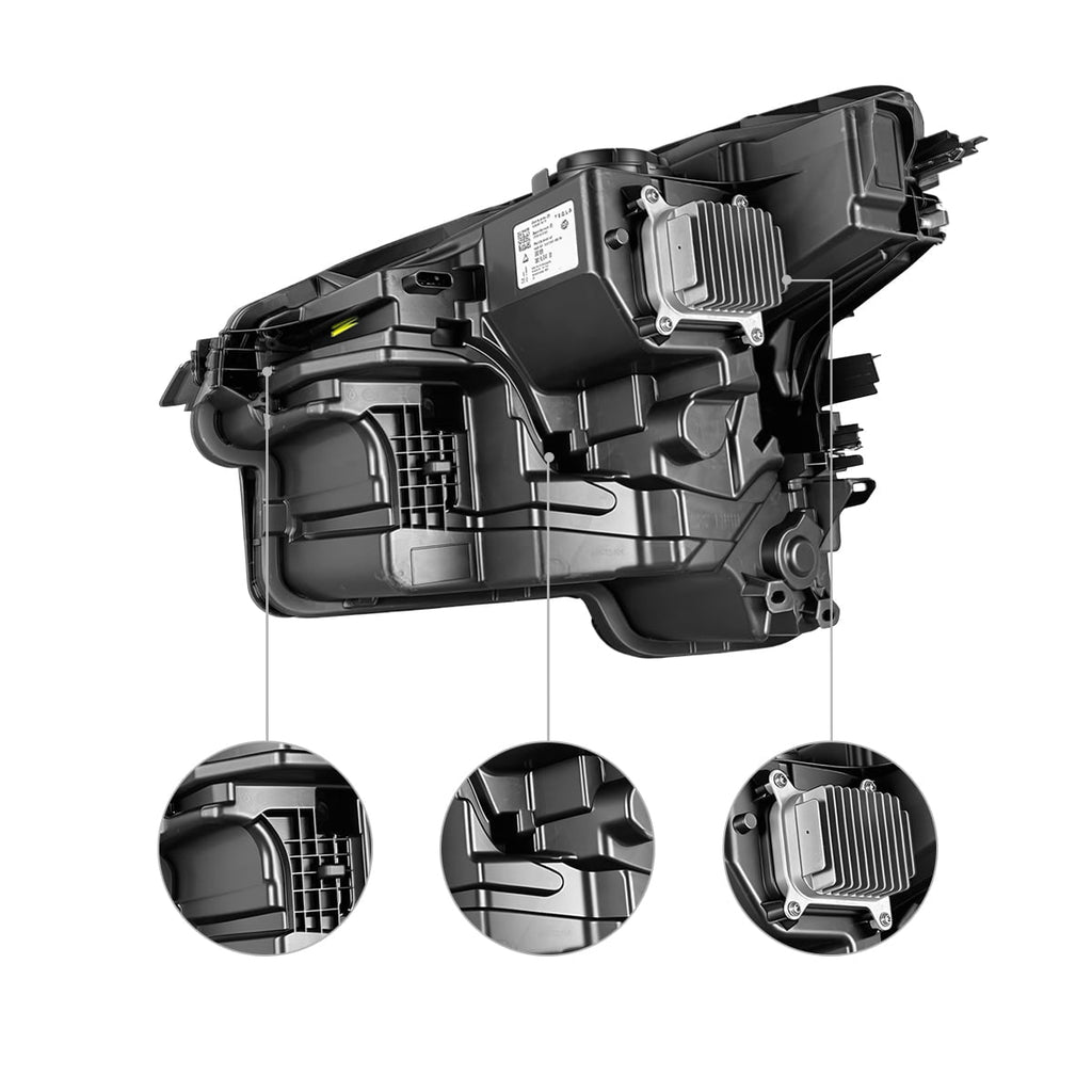 Rear of headlight assembly with component detail insets.