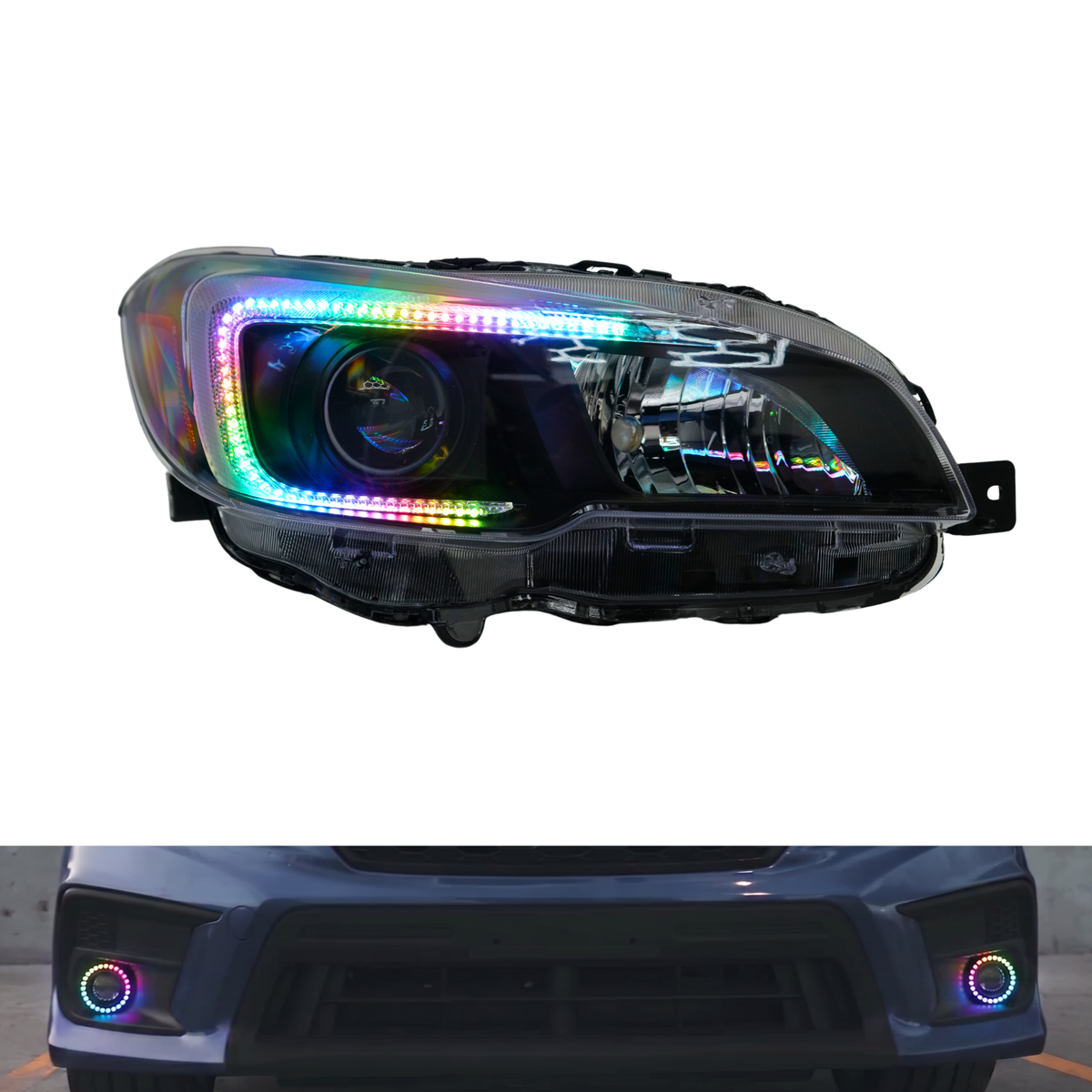 Rainbow headlight assembly beside car photo.