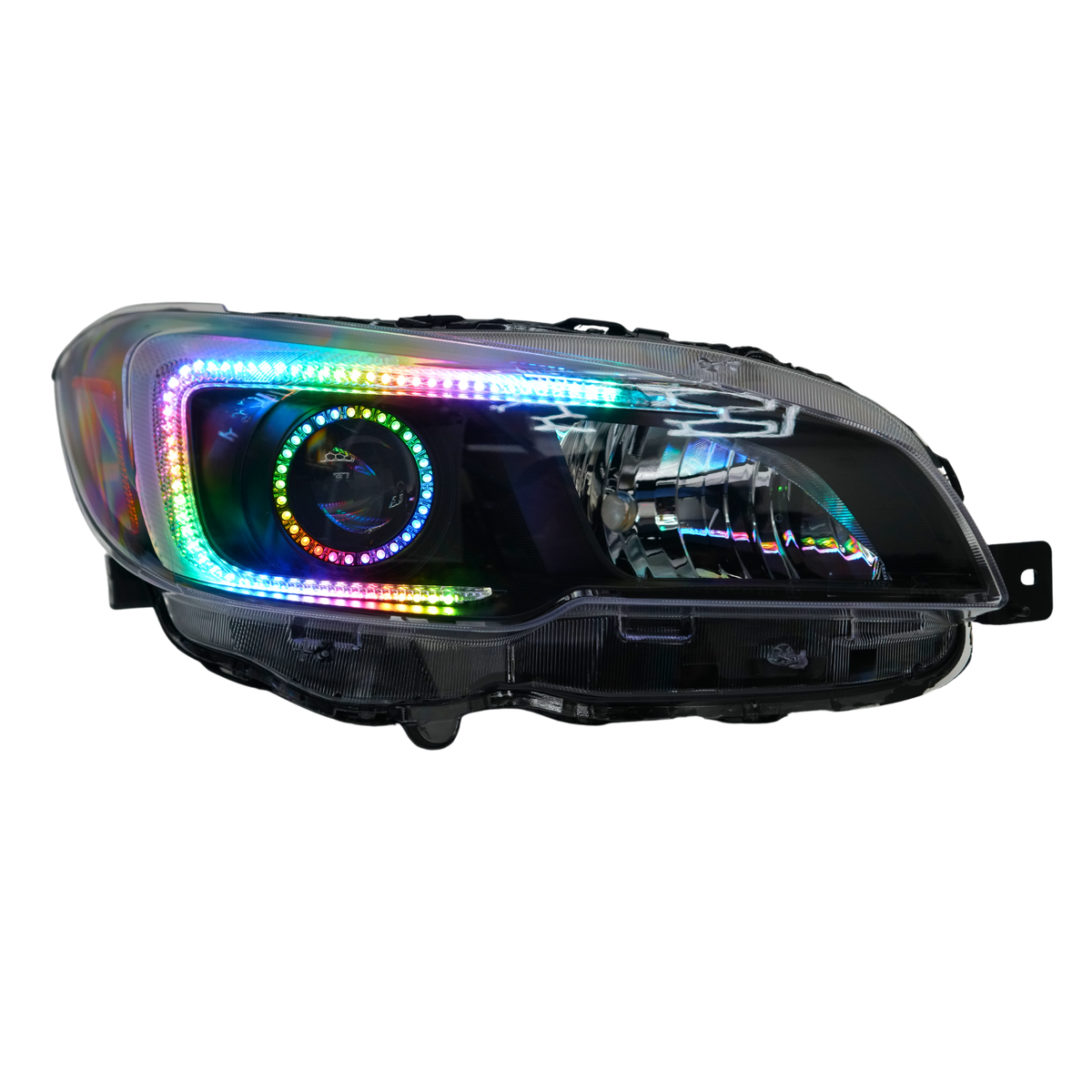 Single headlight assembly with rainbow outline and ring.