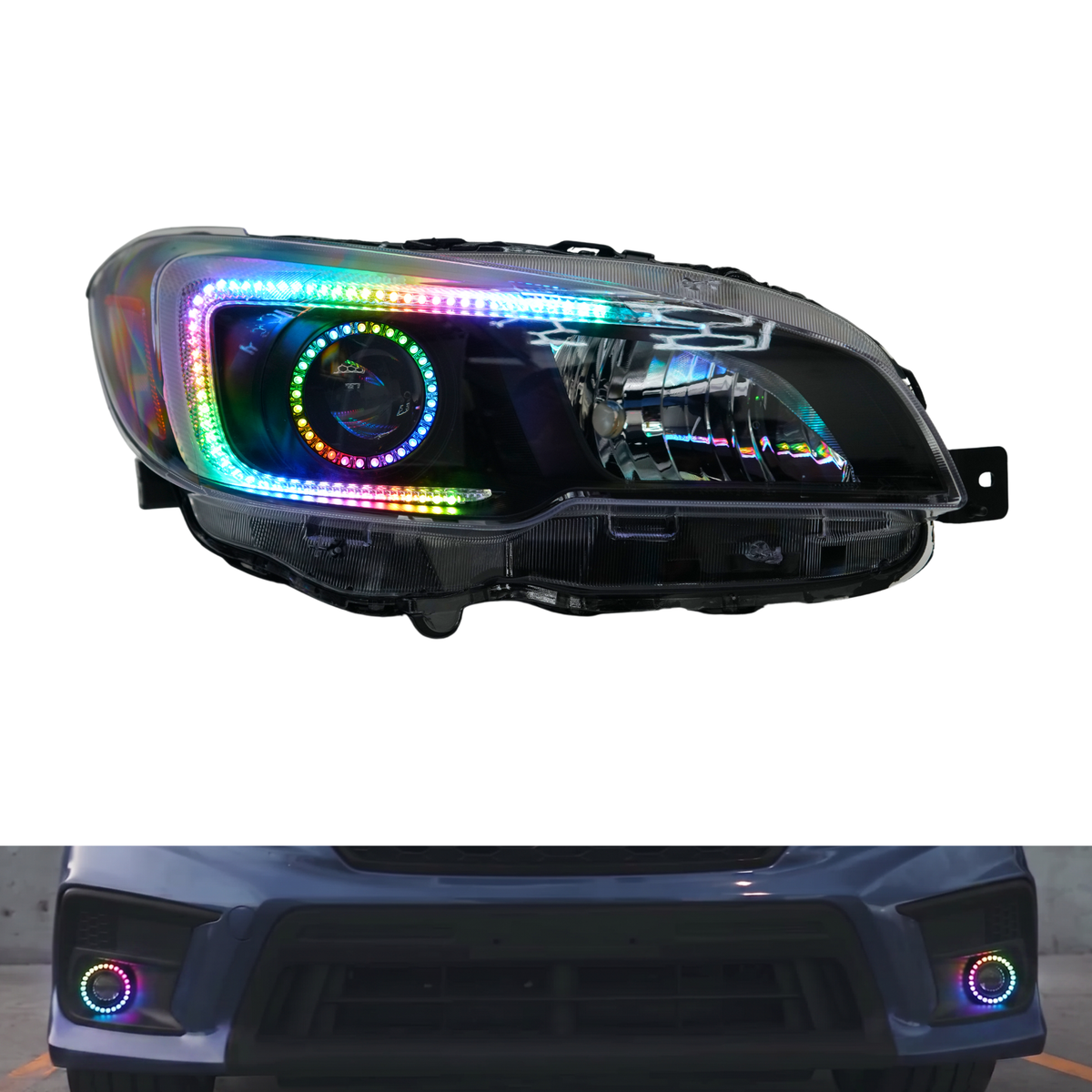 Rainbow headlight assembly with ring beside car photo.